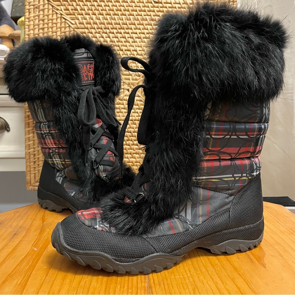 Coach Jennie Plaid Fur Boots Winter Tall Poppy Signature C Logo Black Red Rabbit